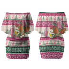 Aussie Galah Christmas Couples Matching Off Shoulder Short Dress and Long Sleeve Button Shirt Festive Knitted Pattern Inspired