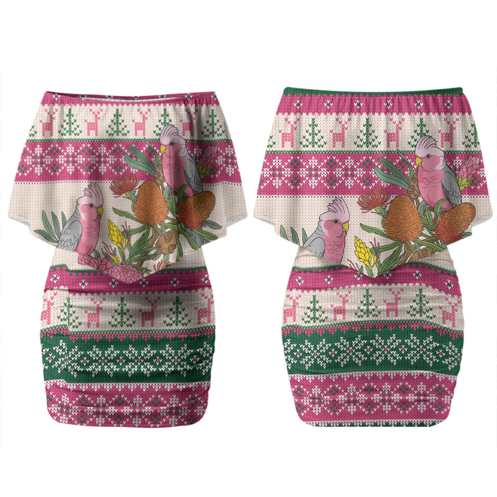Aussie Galah Christmas Couples Matching Off Shoulder Short Dress and Long Sleeve Button Shirt Festive Knitted Pattern Inspired