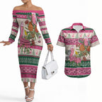 Aussie Galah Christmas Couples Matching Off The Shoulder Long Sleeve Dress and Hawaiian Shirt Festive Knitted Pattern Inspired