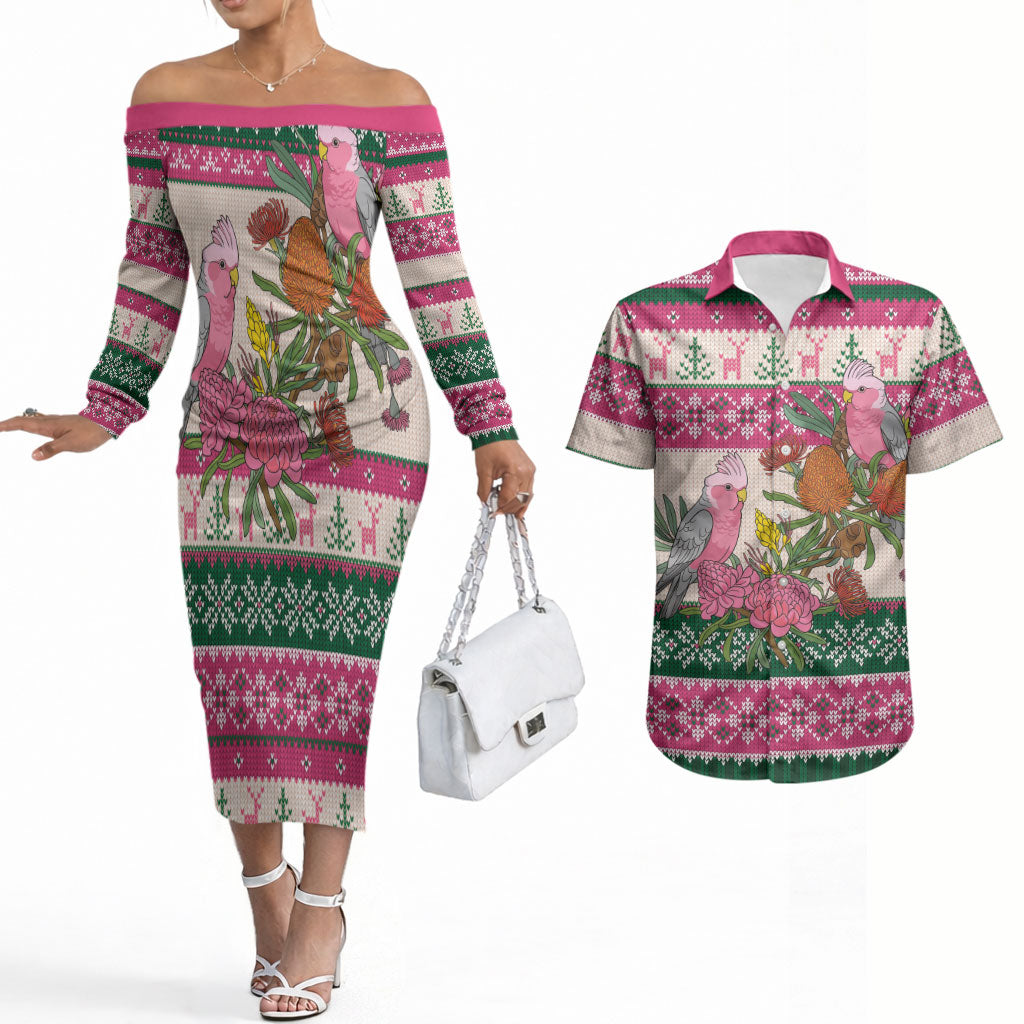 Aussie Galah Christmas Couples Matching Off The Shoulder Long Sleeve Dress and Hawaiian Shirt Festive Knitted Pattern Inspired