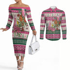 Aussie Galah Christmas Couples Matching Off The Shoulder Long Sleeve Dress and Long Sleeve Button Shirt Festive Knitted Pattern Inspired