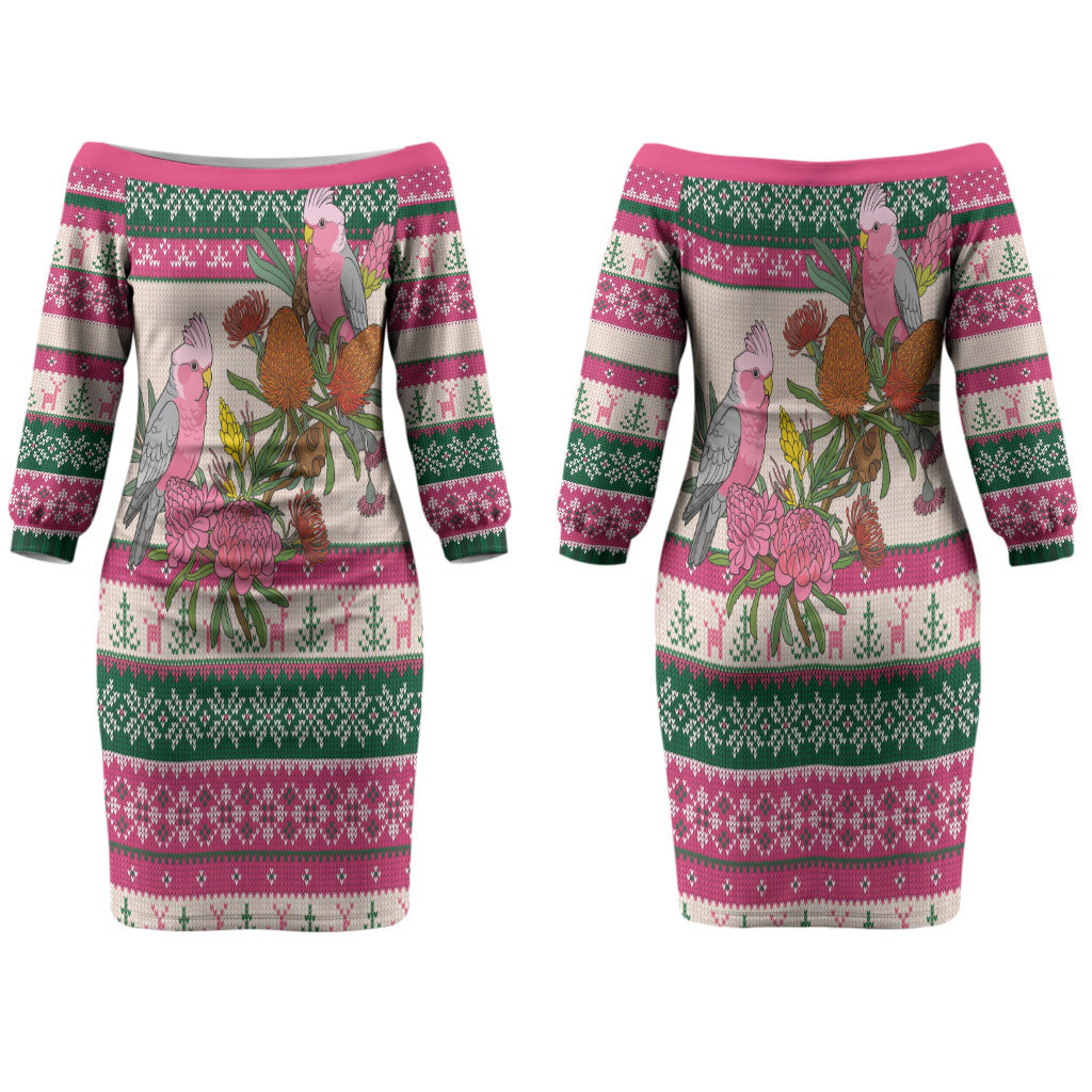 Aussie Galah Christmas Couples Matching Off The Shoulder Long Sleeve Dress and Long Sleeve Button Shirt Festive Knitted Pattern Inspired