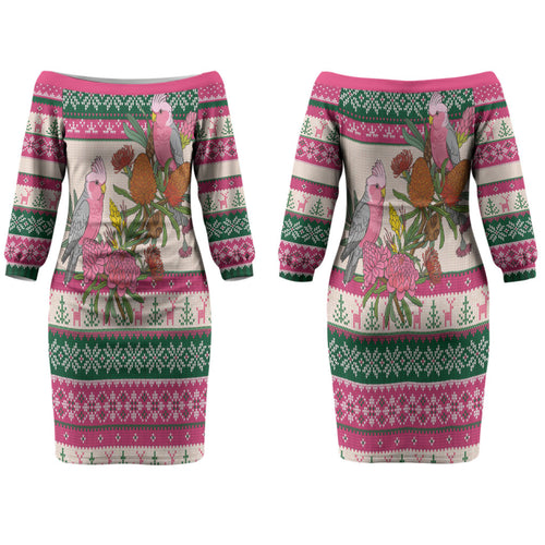 Aussie Galah Christmas Couples Matching Off The Shoulder Long Sleeve Dress and Long Sleeve Button Shirt Festive Knitted Pattern Inspired