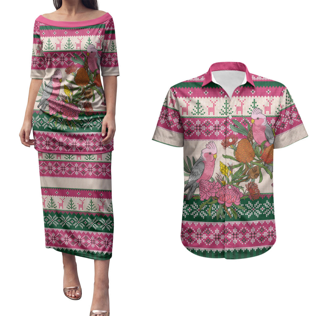 Aussie Galah Christmas Couples Matching Puletasi and Hawaiian Shirt Festive Knitted Pattern Inspired