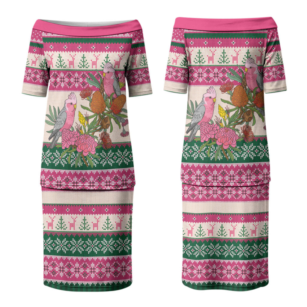Aussie Galah Christmas Couples Matching Puletasi and Hawaiian Shirt Festive Knitted Pattern Inspired
