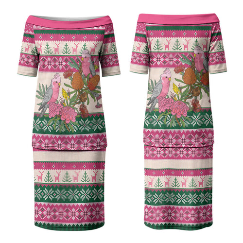 Aussie Galah Christmas Couples Matching Puletasi and Hawaiian Shirt Festive Knitted Pattern Inspired