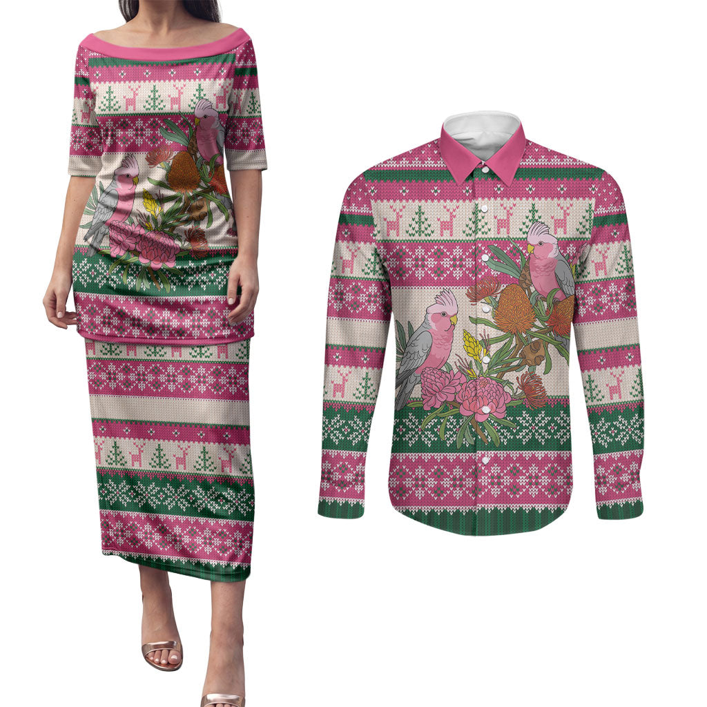 Aussie Galah Christmas Couples Matching Puletasi and Long Sleeve Button Shirt Festive Knitted Pattern Inspired