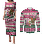 Aussie Galah Christmas Couples Matching Puletasi and Long Sleeve Button Shirt Festive Knitted Pattern Inspired