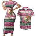 Aussie Galah Christmas Couples Matching Short Sleeve Bodycon Dress and Hawaiian Shirt Festive Knitted Pattern Inspired