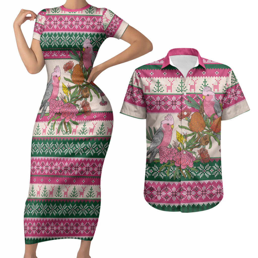 Aussie Galah Christmas Couples Matching Short Sleeve Bodycon Dress and Hawaiian Shirt Festive Knitted Pattern Inspired