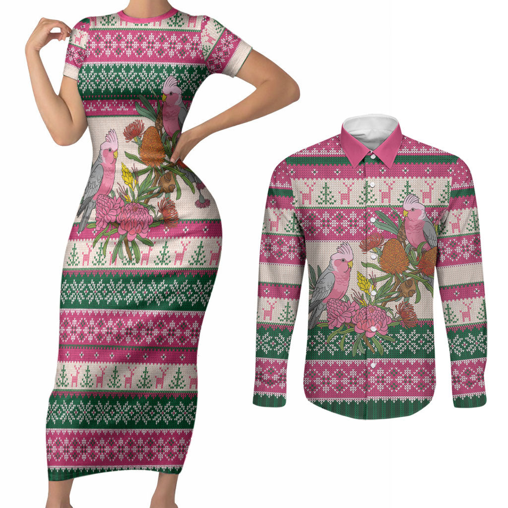 Aussie Galah Christmas Couples Matching Short Sleeve Bodycon Dress and Long Sleeve Button Shirt Festive Knitted Pattern Inspired