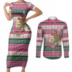 Aussie Galah Christmas Couples Matching Short Sleeve Bodycon Dress and Long Sleeve Button Shirt Festive Knitted Pattern Inspired