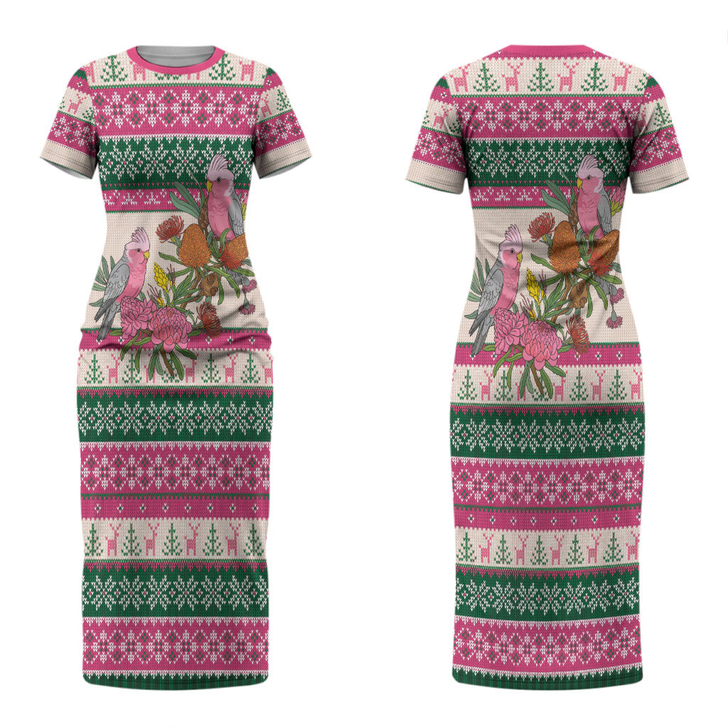 Aussie Galah Christmas Couples Matching Short Sleeve Bodycon Dress and Long Sleeve Button Shirt Festive Knitted Pattern Inspired