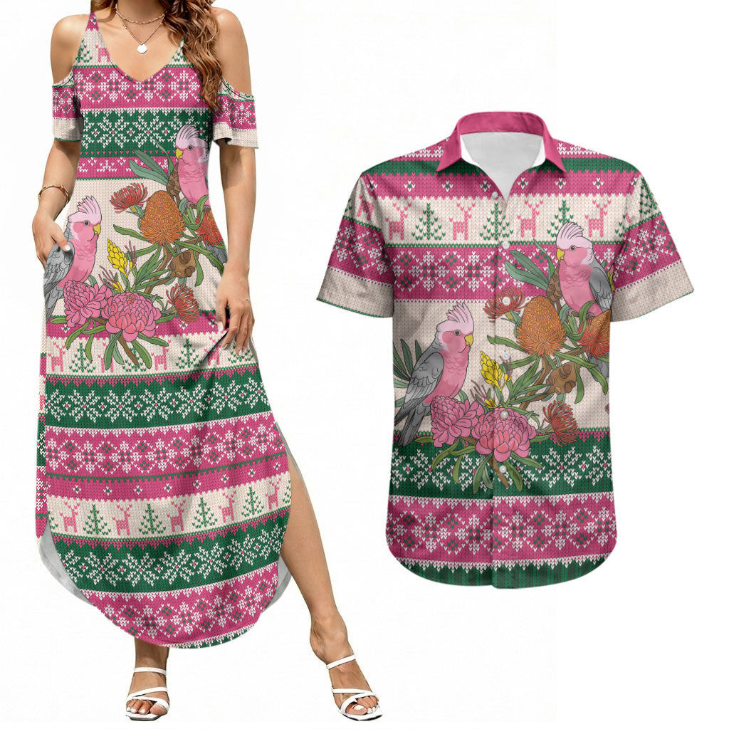 Aussie Galah Christmas Couples Matching Summer Maxi Dress and Hawaiian Shirt Festive Knitted Pattern Inspired