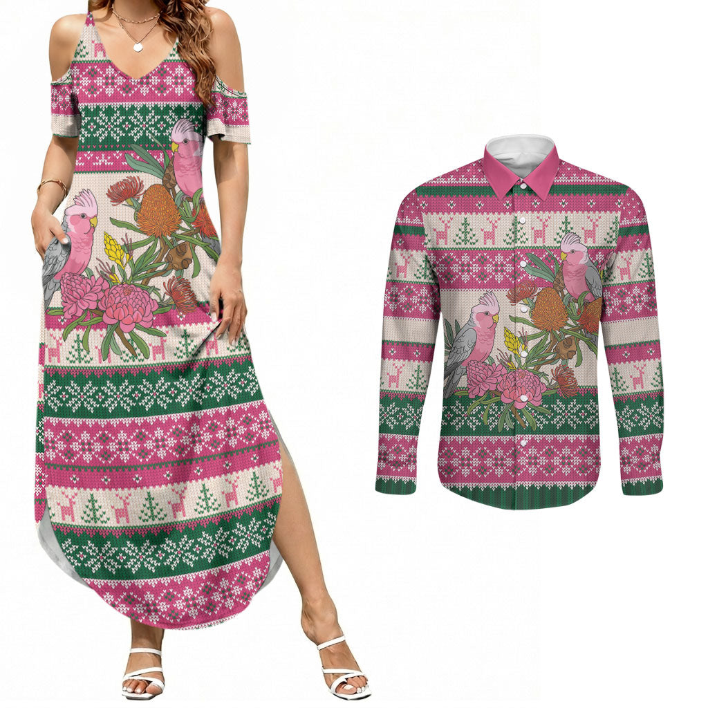 Aussie Galah Christmas Couples Matching Summer Maxi Dress and Long Sleeve Button Shirt Festive Knitted Pattern Inspired