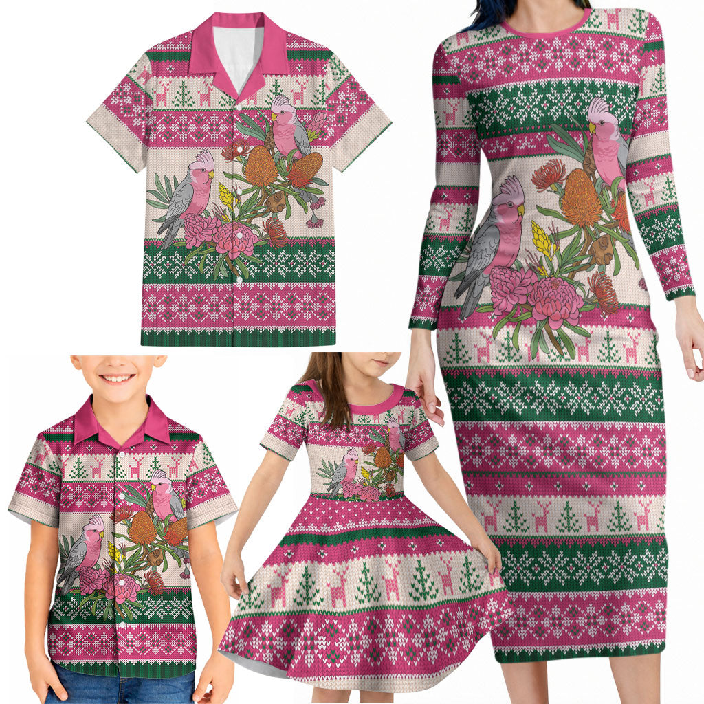 Aussie Galah Christmas Family Matching Long Sleeve Bodycon Dress and Hawaiian Shirt Festive Knitted Pattern Inspired