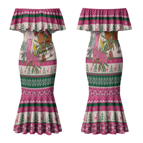 Aussie Galah Christmas Family Matching Mermaid Dress and Hawaiian Shirt Festive Knitted Pattern Inspired