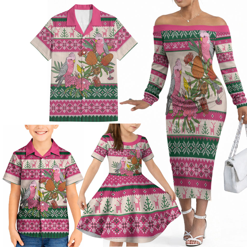 Aussie Galah Christmas Family Matching Off The Shoulder Long Sleeve Dress and Hawaiian Shirt Festive Knitted Pattern Inspired