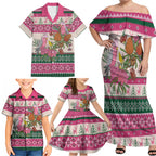 Aussie Galah Christmas Family Matching Off Shoulder Maxi Dress and Hawaiian Shirt Festive Knitted Pattern Inspired