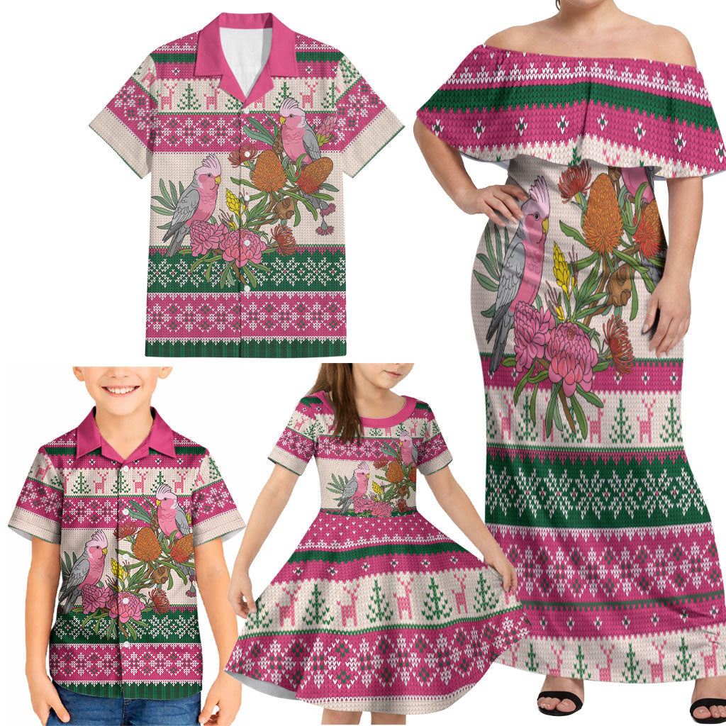 Aussie Galah Christmas Family Matching Off Shoulder Maxi Dress and Hawaiian Shirt Festive Knitted Pattern Inspired