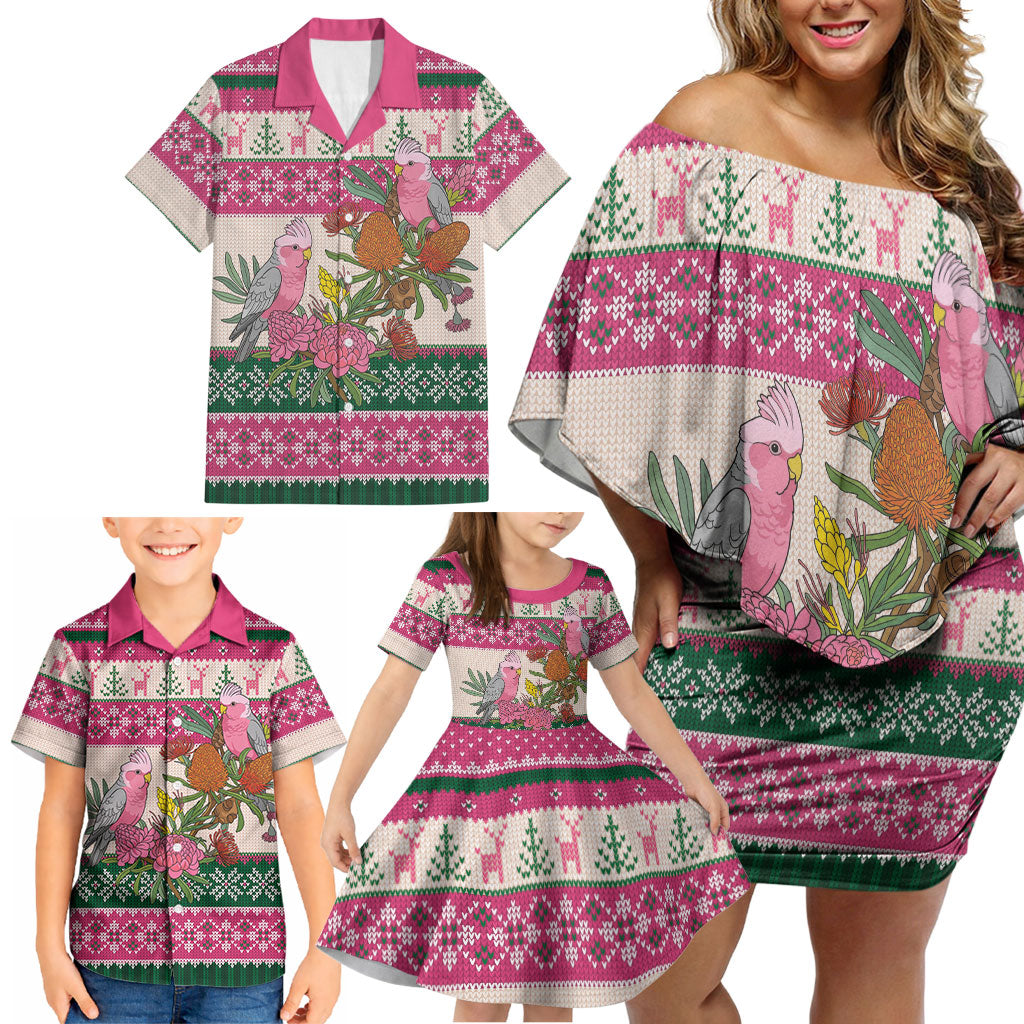 Aussie Galah Christmas Family Matching Off Shoulder Short Dress and Hawaiian Shirt Festive Knitted Pattern Inspired