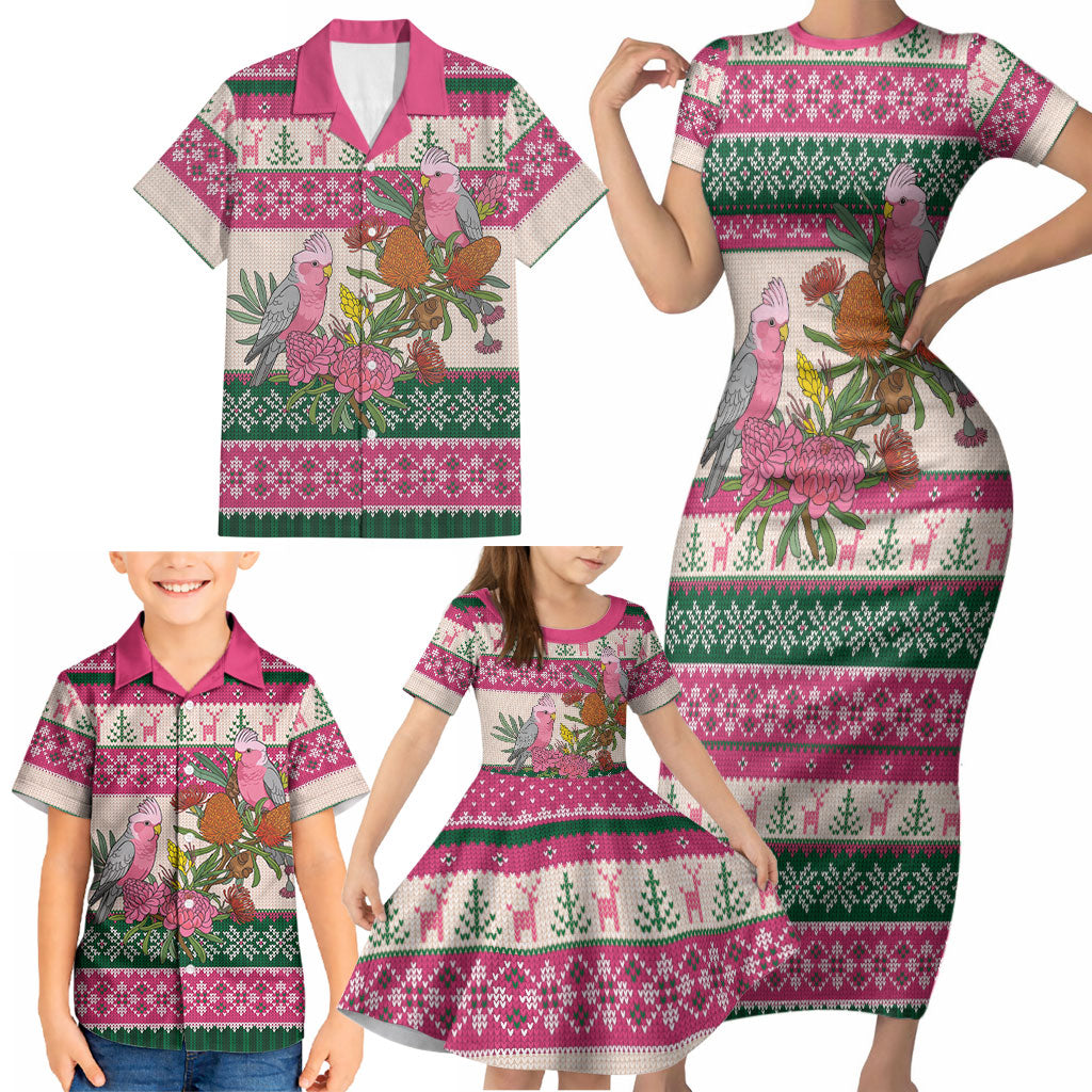 Aussie Galah Christmas Family Matching Short Sleeve Bodycon Dress and Hawaiian Shirt Festive Knitted Pattern Inspired