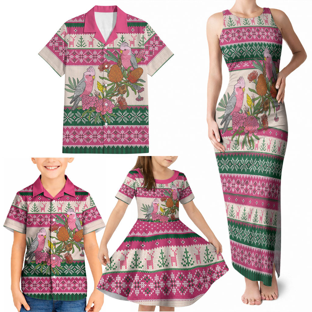 Aussie Galah Christmas Family Matching Tank Maxi Dress and Hawaiian Shirt Festive Knitted Pattern Inspired