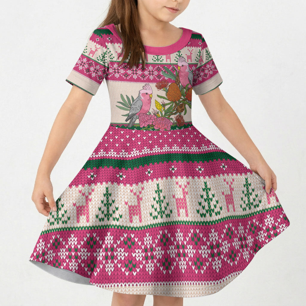 Aussie Galah Christmas Kid Short Sleeve Dress Festive Knitted Pattern Inspired