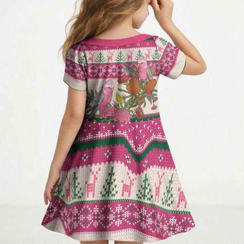Aussie Galah Christmas Kid Short Sleeve Dress Festive Knitted Pattern Inspired