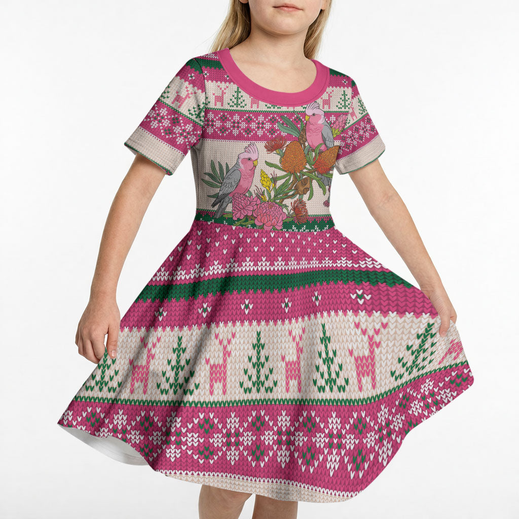 Aussie Galah Christmas Kid Short Sleeve Dress Festive Knitted Pattern Inspired