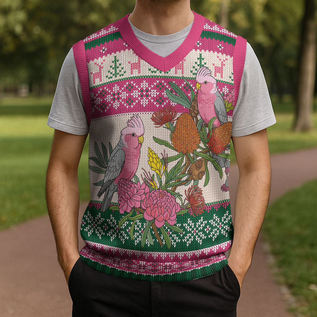 Aussie Galah Christmas Knitted V-Neck Vest Festive Knitted Pattern Inspired