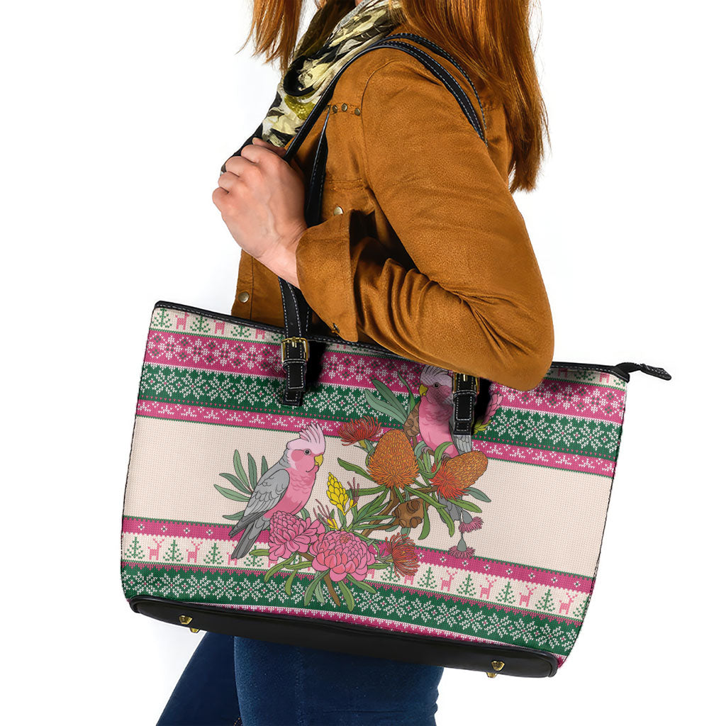Aussie Galah Christmas Leather Tote Bag Festive Knitted Pattern Inspired