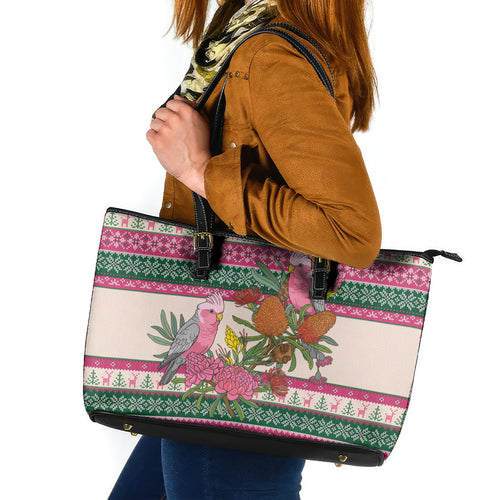 Aussie Galah Christmas Leather Tote Bag Festive Knitted Pattern Inspired