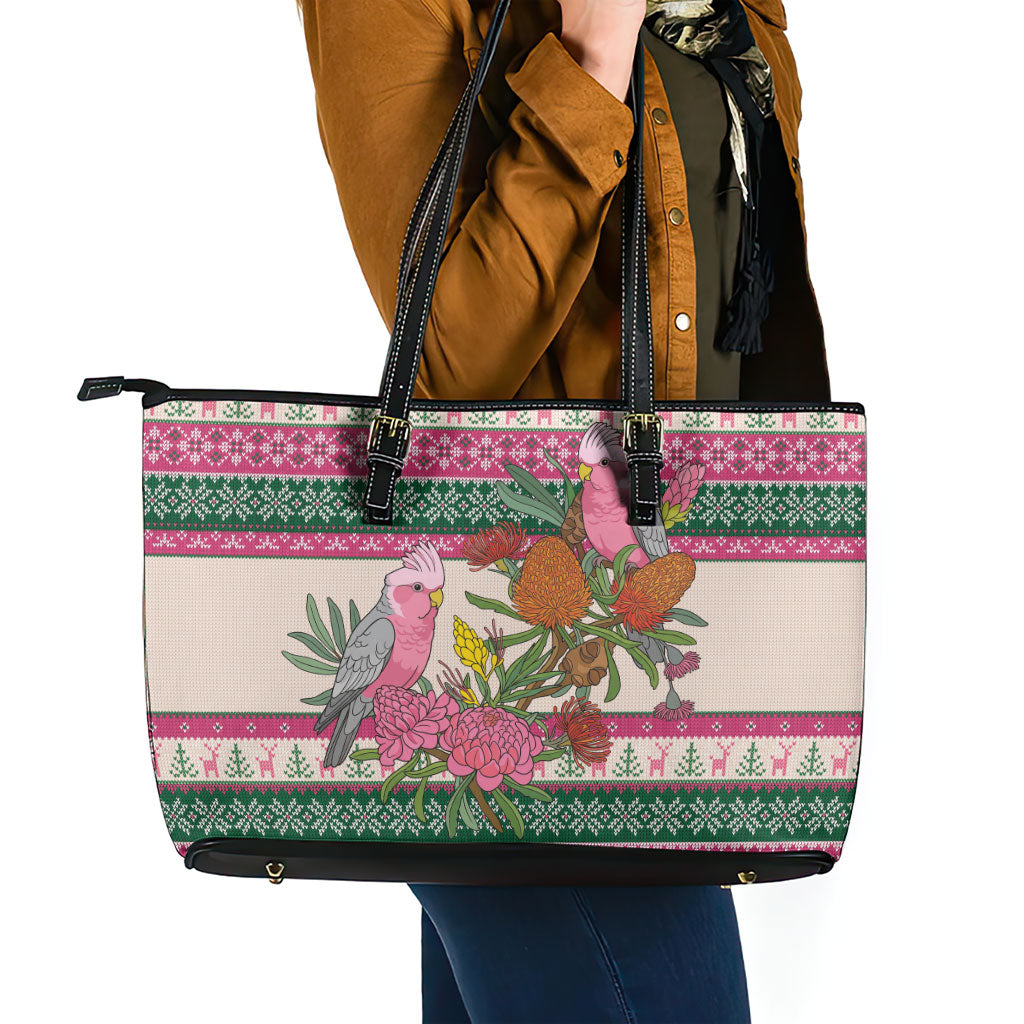Aussie Galah Christmas Leather Tote Bag Festive Knitted Pattern Inspired