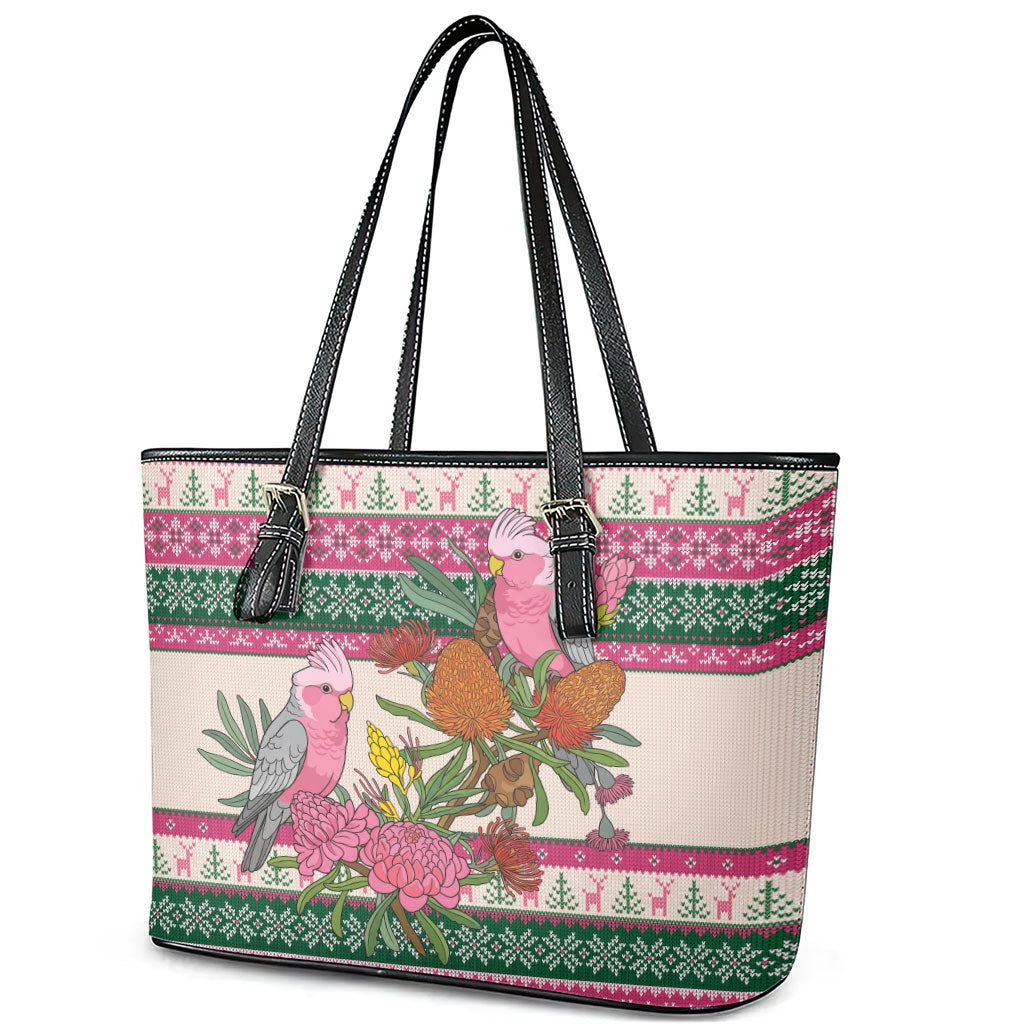 Aussie Galah Christmas Leather Tote Bag Festive Knitted Pattern Inspired