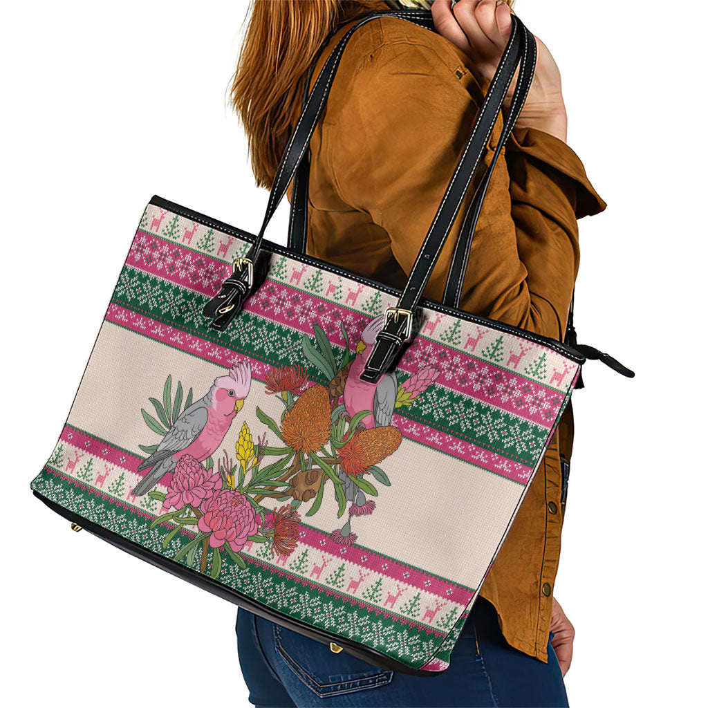 Aussie Galah Christmas Leather Tote Bag Festive Knitted Pattern Inspired