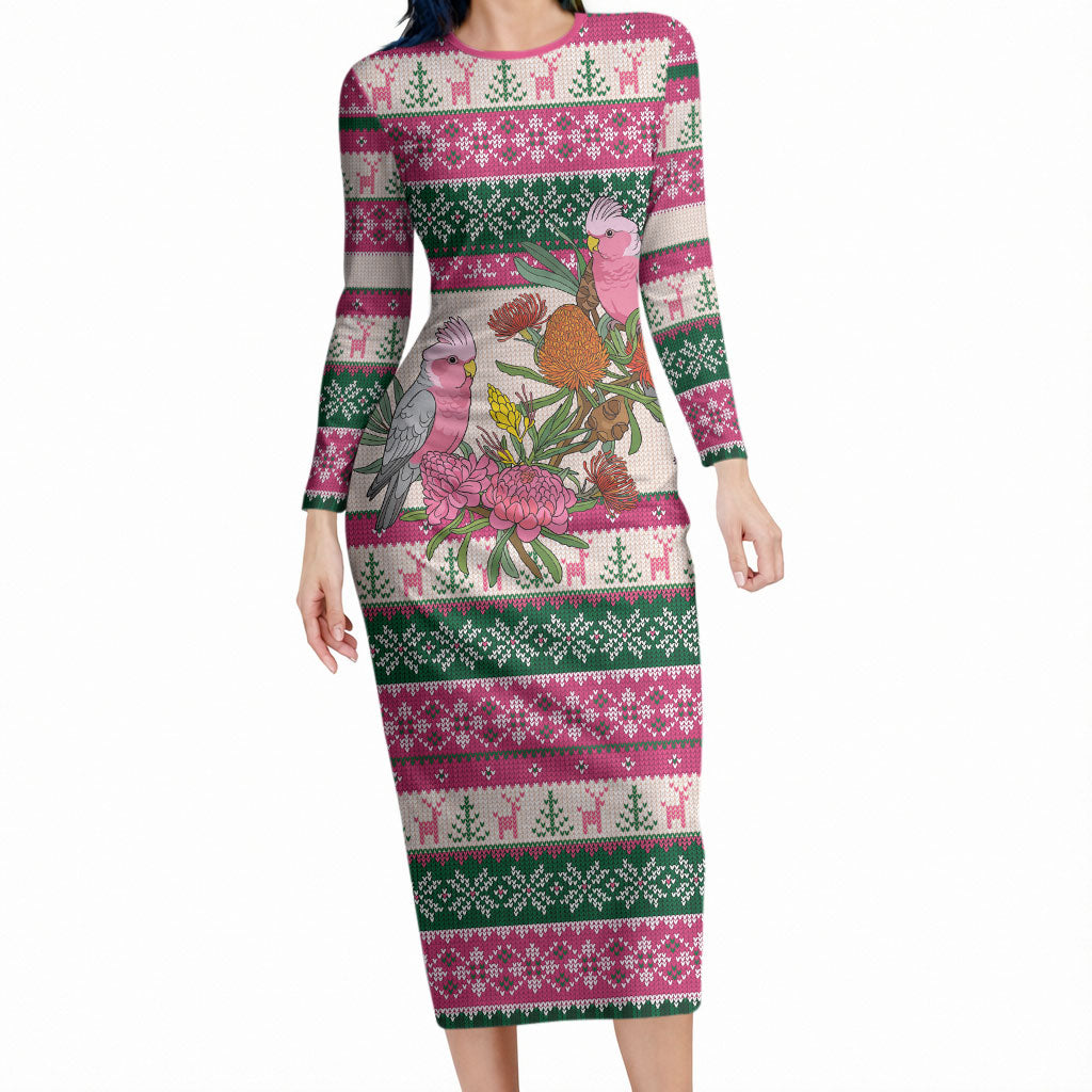 Aussie Galah Christmas Long Sleeve Bodycon Dress Festive Knitted Pattern Inspired