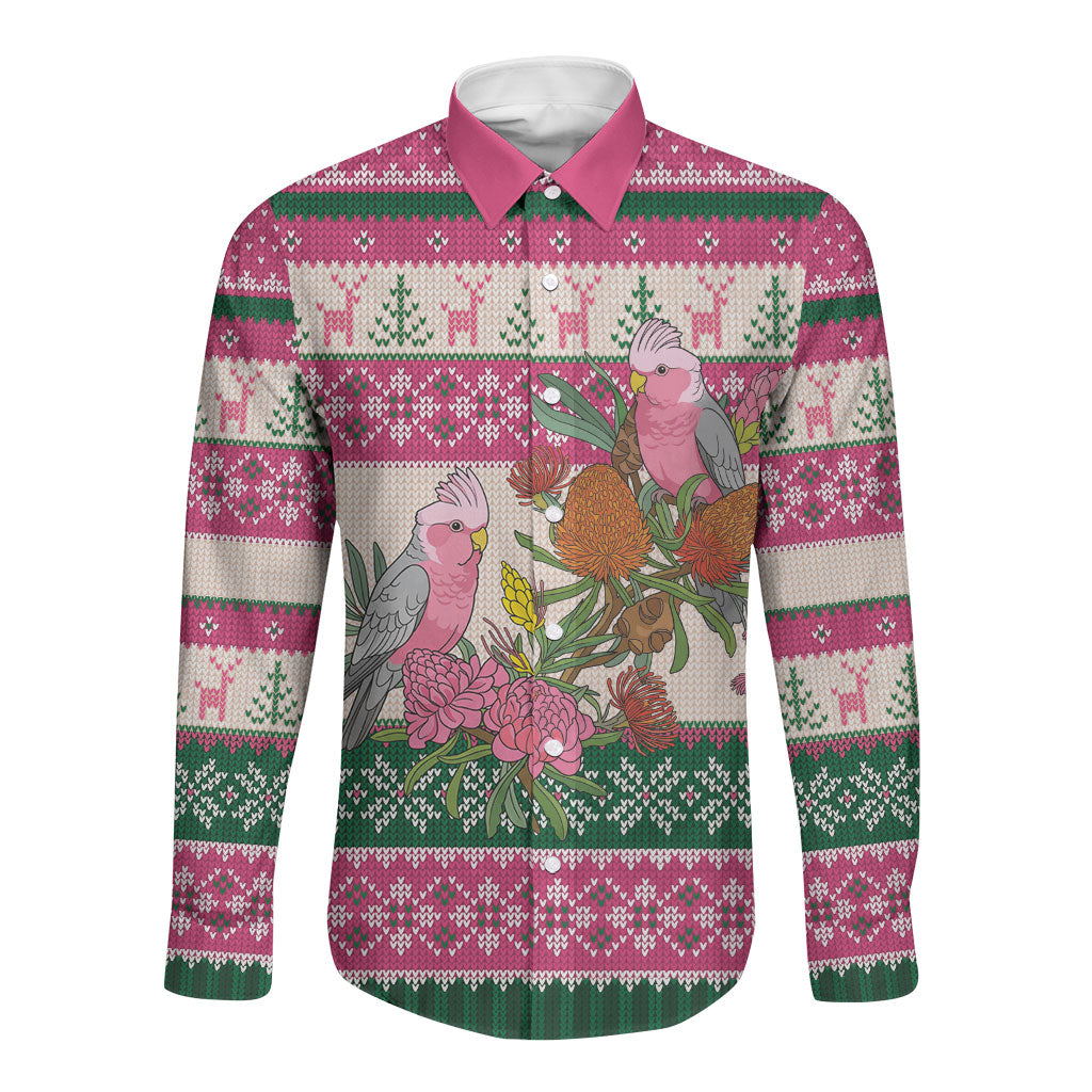 Aussie Galah Christmas Long Sleeve Button Shirt Festive Knitted Pattern Inspired