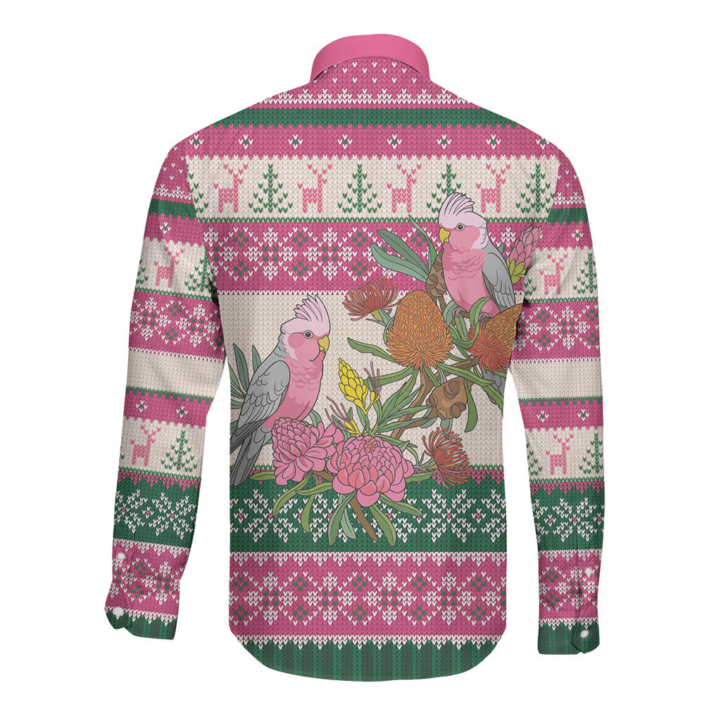 Aussie Galah Christmas Long Sleeve Button Shirt Festive Knitted Pattern Inspired