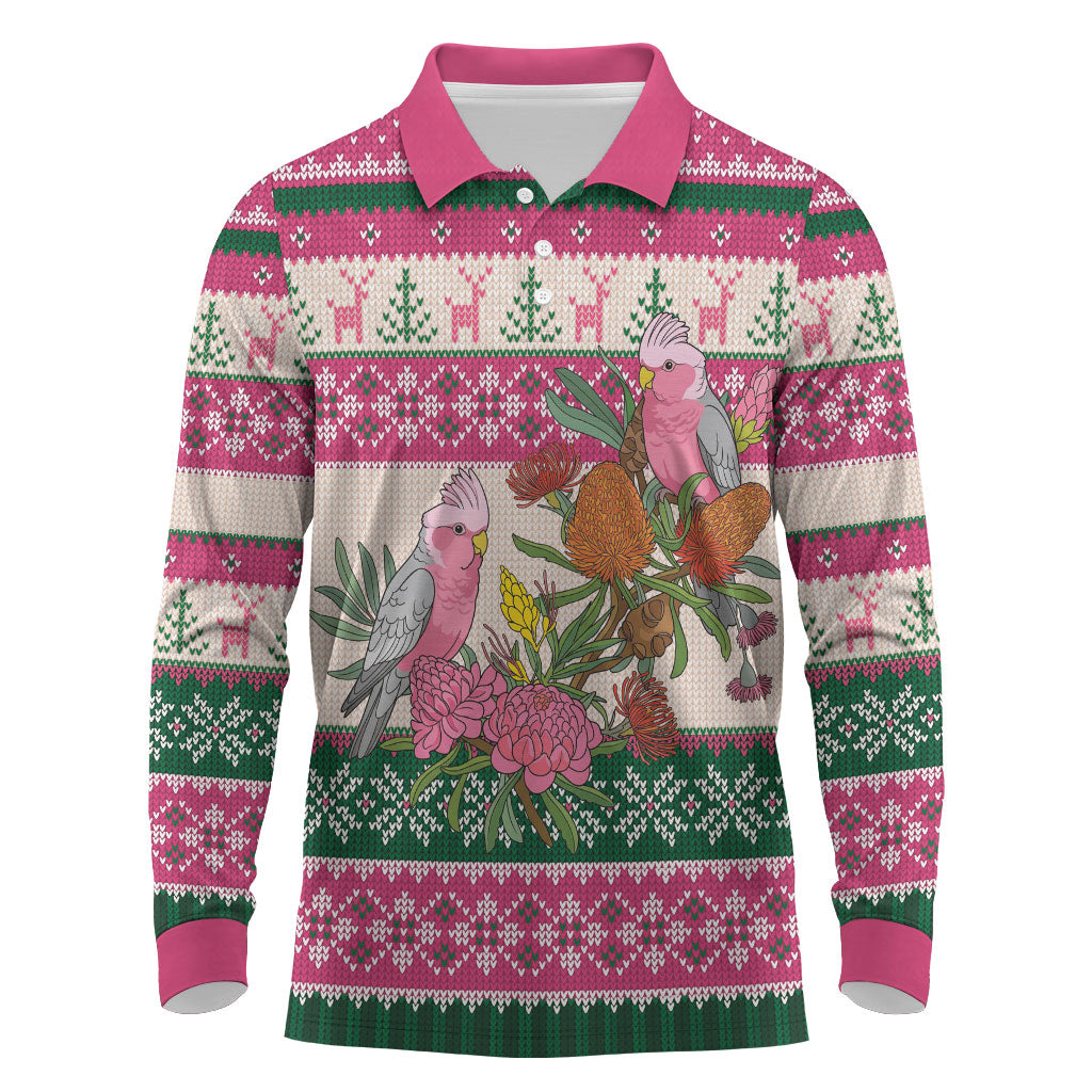 Aussie Galah Christmas Long Sleeve Polo Shirt Festive Knitted Pattern Inspired