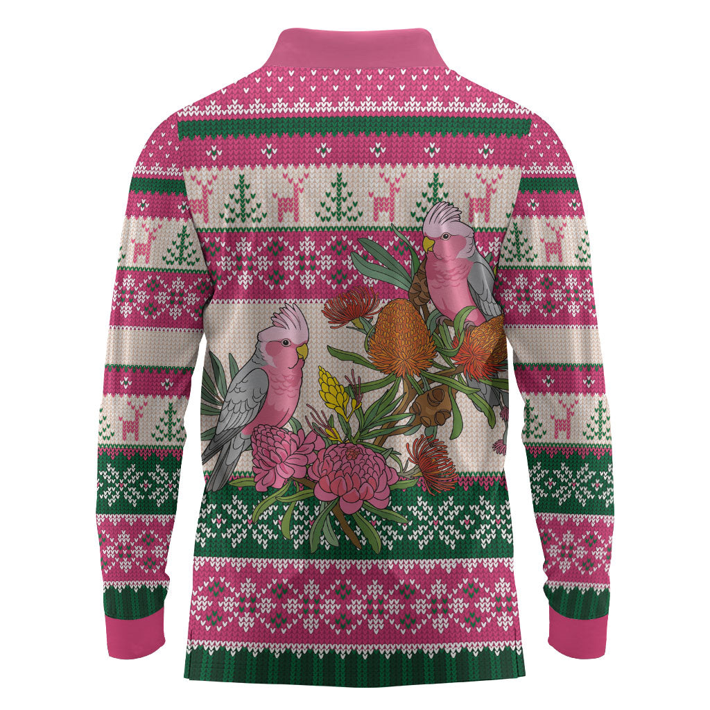 Aussie Galah Christmas Long Sleeve Polo Shirt Festive Knitted Pattern Inspired