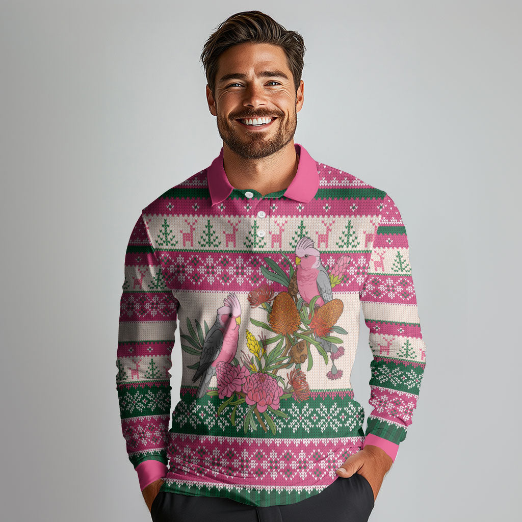 Aussie Galah Christmas Long Sleeve Polo Shirt Festive Knitted Pattern Inspired
