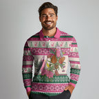 Aussie Galah Christmas Long Sleeve Polo Shirt Festive Knitted Pattern Inspired
