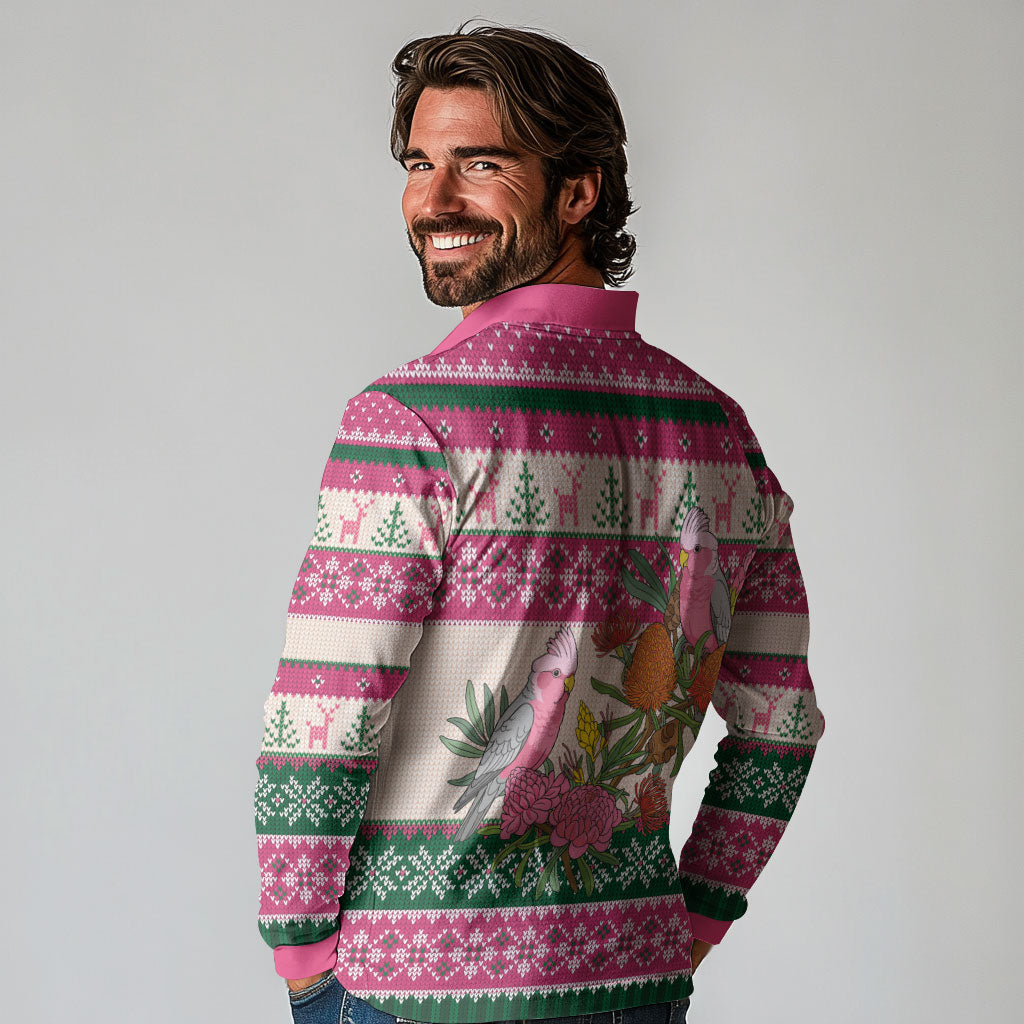 Aussie Galah Christmas Long Sleeve Polo Shirt Festive Knitted Pattern Inspired