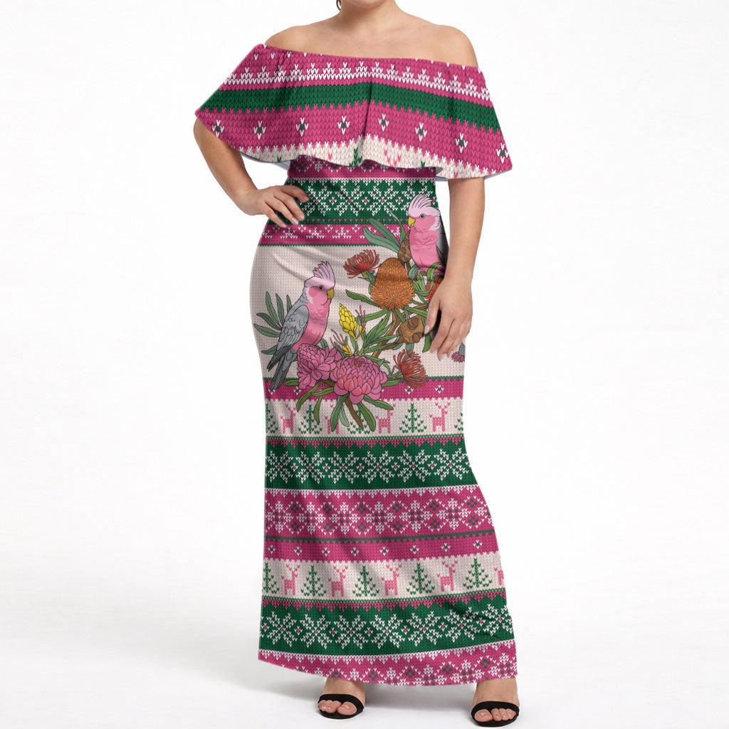 Aussie Galah Christmas Off Shoulder Maxi Dress Festive Knitted Pattern Inspired