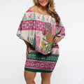 Aussie Galah Christmas Off Shoulder Short Dress Festive Knitted Pattern Inspired