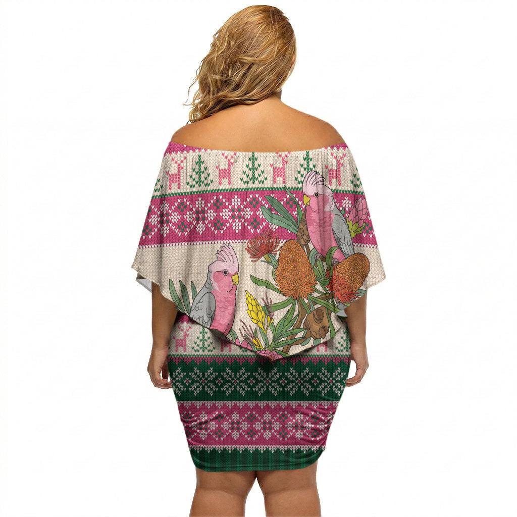 Aussie Galah Christmas Off Shoulder Short Dress Festive Knitted Pattern Inspired