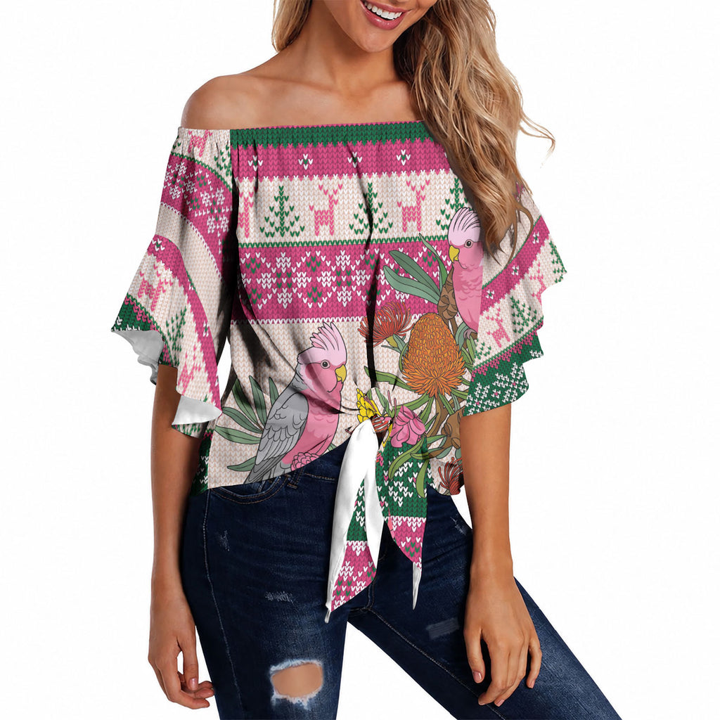 Aussie Galah Christmas Off Shoulder Wrap Waist Top Festive Knitted Pattern Inspired