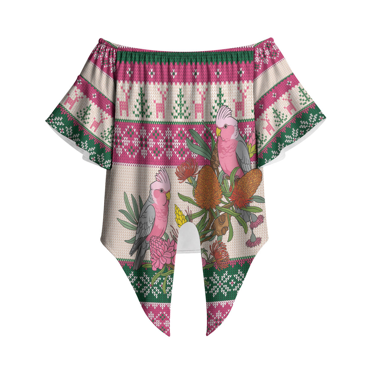 Aussie Galah Christmas Off Shoulder Wrap Waist Top Festive Knitted Pattern Inspired
