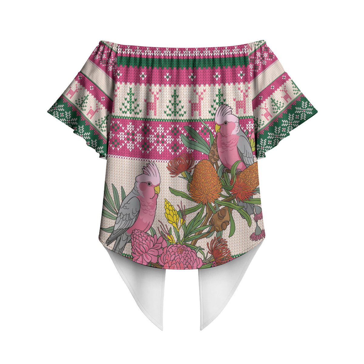 Aussie Galah Christmas Off Shoulder Wrap Waist Top Festive Knitted Pattern Inspired
